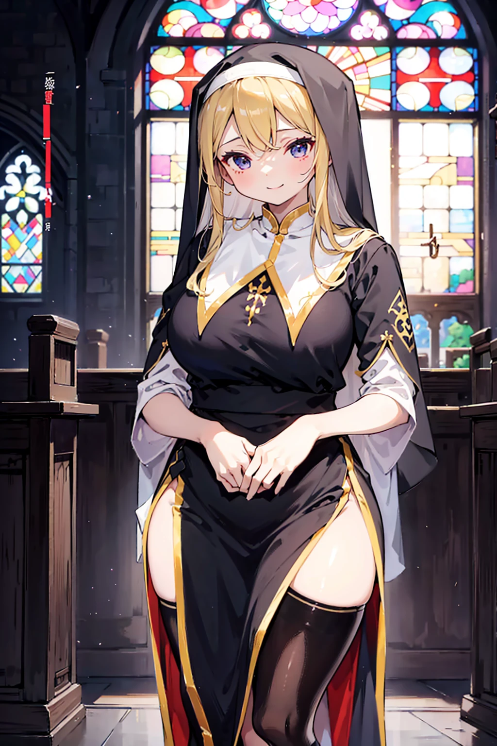 nun，nun服，黑白nun服，Colored hair，nun头巾，Big breasts，Full of figure，Close-up above the waist，Upper body close-up，Church Background，Stained window glass，Mosaic art background，nun，高开叉nun长袍，Robe hem，The front of the robe，The front of the robe hangs down，Knee socks，Knee socks，Knee socks，黑色过膝Silk socks，Silk socks，情趣nun服，High slit robe，Silk socks，Knee socks，Prayer posture，Leg ring，sock，Prayer posture，Robe hem，Long hem，Flesh，Long skirt，Long skirt，Long skirt，Long front robe，Front of robe，Long blond hair，blond，cute，gentle，Smile，慈爱的Smile，Wide crotch，Wide crotch，Thin waist