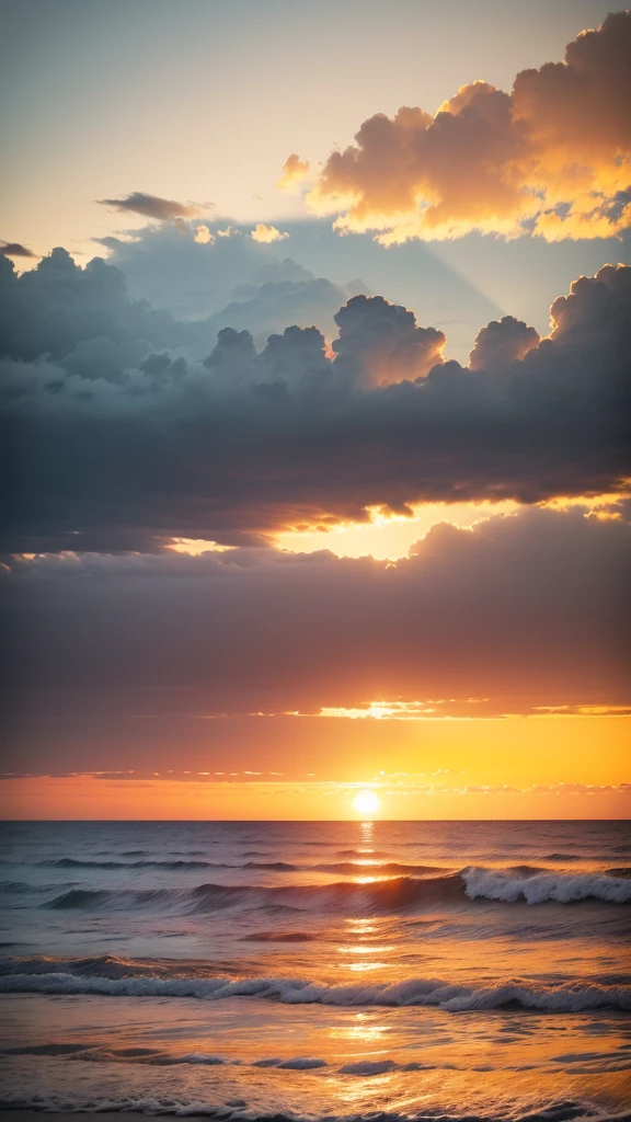 summer，Ocean，Sky Sky，（sunset），Orange-yellow monochromatic tones，High saturation，low brightness，Film Stock Photos，Professional photography，Wide Wide Shot，High angle view，High Sharpness,