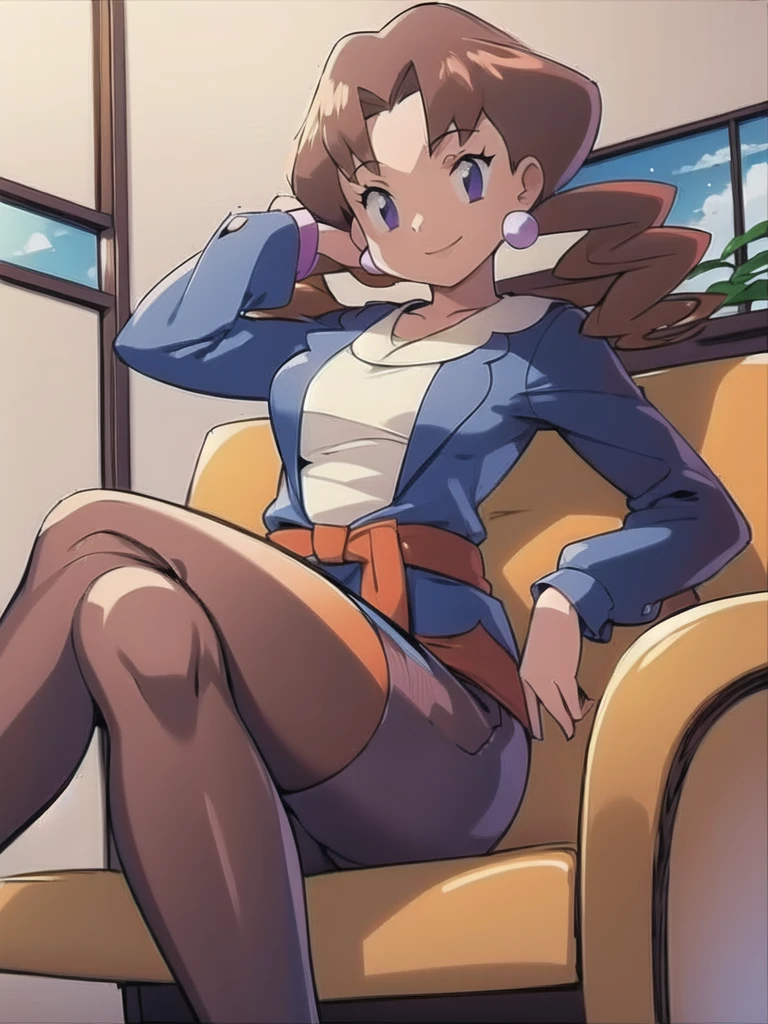 1girl, solo, sitting, smile,looking_down, smile,crossed_legs, masterpiece, high quality, best quality, Caroline_(pokemon)