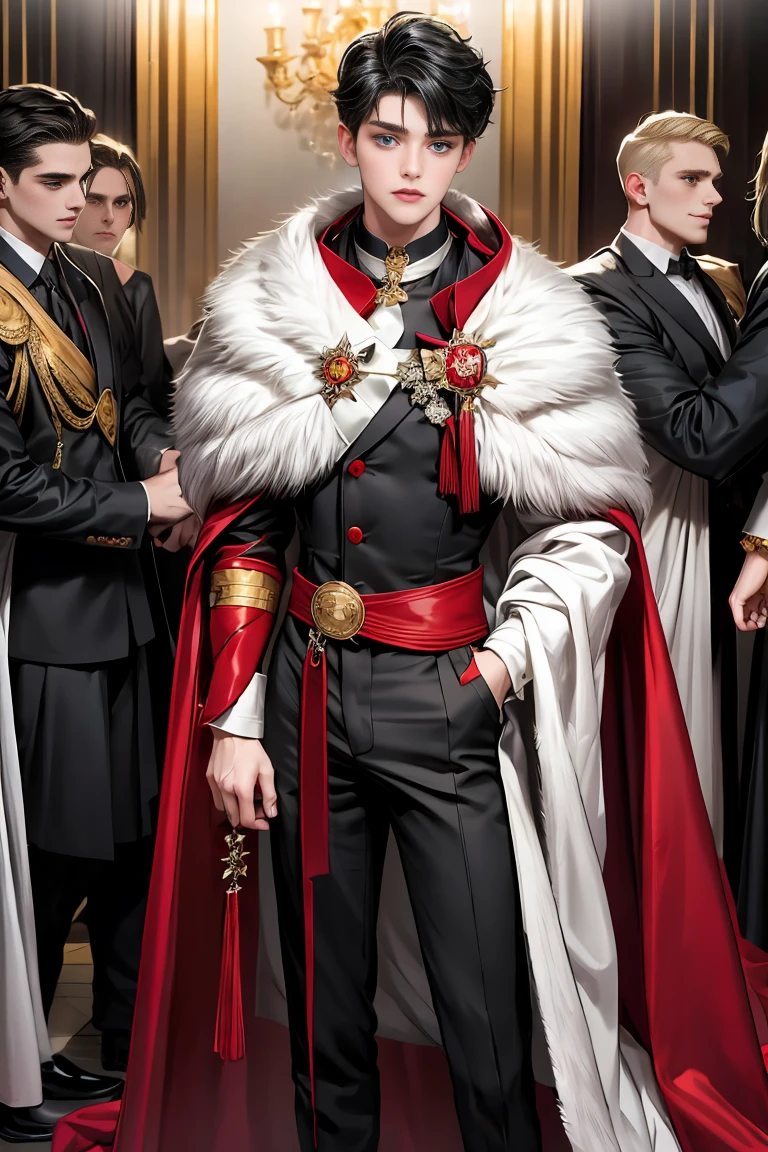 masterpiece, 最high quality, high quality, 1 boy, alone, Male focus, Watching the audience, Messy black hair, vampire、It has its fangs bared.、Adorable big blue eyes, White, Noble, Noble,A y, voluminous, pufape、A very voluminous, large, very large, very large, long, long red and black cape with a high stand-up collar, made of a lot of fabric that reaches down to the floor., 17 yeareautiful boys,Cute, cute, kind, handsome guy