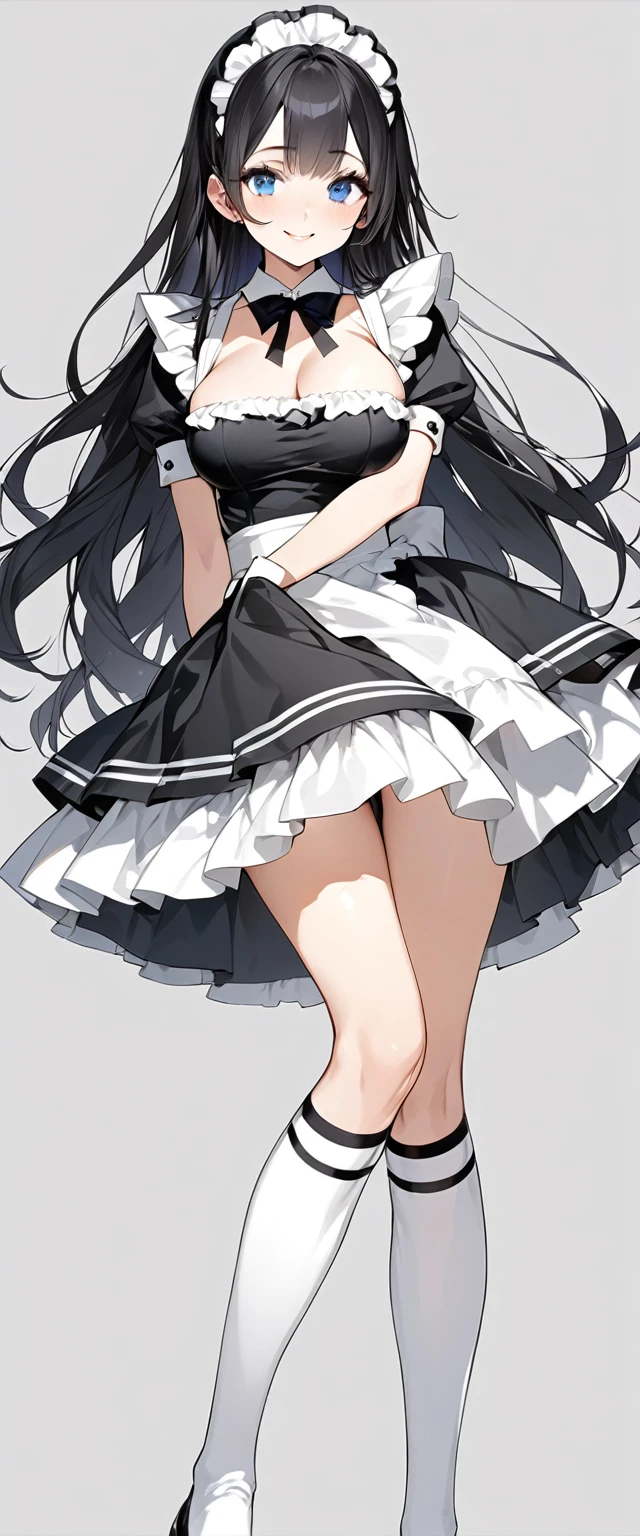 Beautiful girl in maid、whole body、(Top quality illustrations:1.2), (pretty girl:1.1), (1 girl、、Top quality illustrations:1.2), (1 girl、Kind eyes、blue eyes:1.2)、Black Hair、Semi-long hair、Larger breasts、sexy、smile、(Black and white maid costume、White knee-high socks)、White background、Simple Background