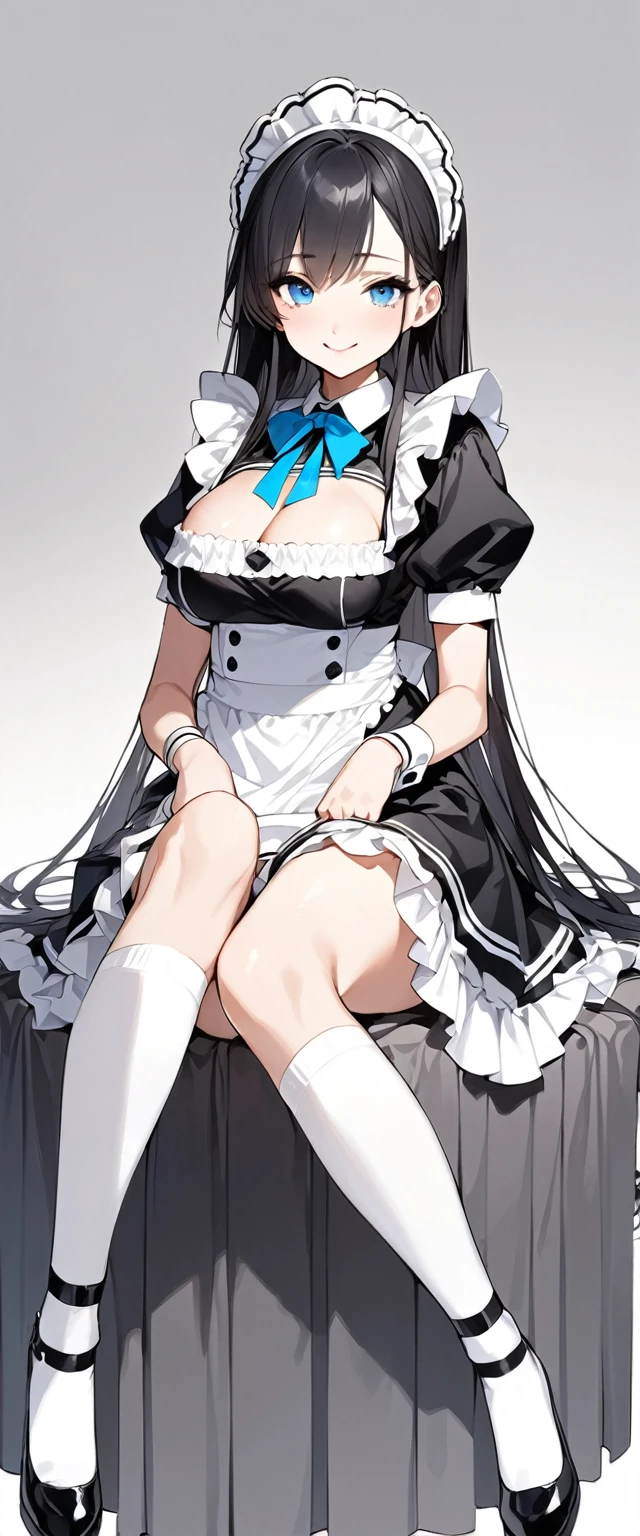 Beautiful girl in maid、whole body、(Top quality illustrations:1.2), (pretty girl:1.1), (1 girl、17 years old、Top quality illustrations:1.2), (1 girl、Kind eyes、blue eyes:1.2)、Black Hair、Semi-long hair、Larger breasts、sexy、smile、(Black and white maid costume、White knee-high socks)、White background、Simple Background
