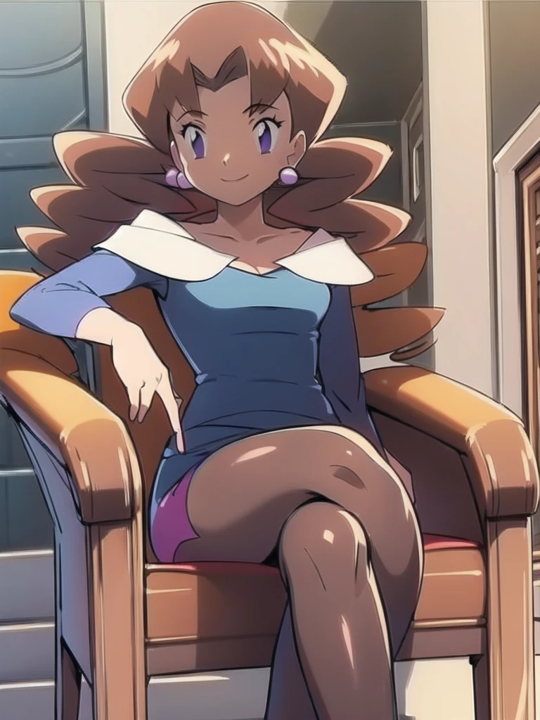 1girl, solo, sitting, smile,looking_down, smile,crossed_legs, masterpiece, high quality, best quality, Caroline_(pokemon)