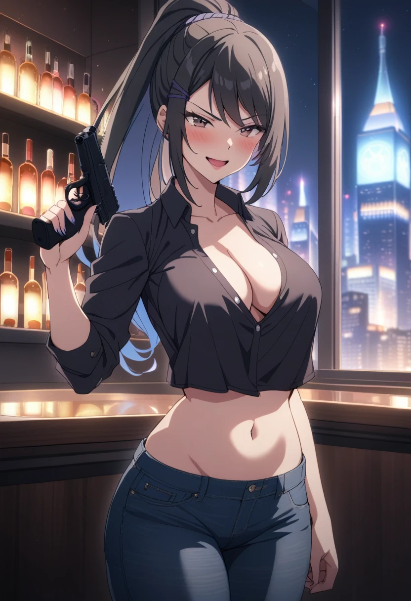 chabashira, 1girl, ponytail, black hair, blush, lipstick, nightclub, bar, indoor, cityscape, building,  city lights, blush, lipstick,  jacket, masterpiece,high quality,4k, bare shoulder,belly,crop top,holding pistol,cleavage,jeans, casual dress,street,road,smile, open mouth, (nsfw) not safe for work, holding a gun,handgun, evil expression,
exposed belly, exposed navel, exposed midriff, exposed lower belly, crop top overhang, underboob,
unbuttoned jeans , low rise black jeans, Low rise jeans, Low rise jeans with open fly, 