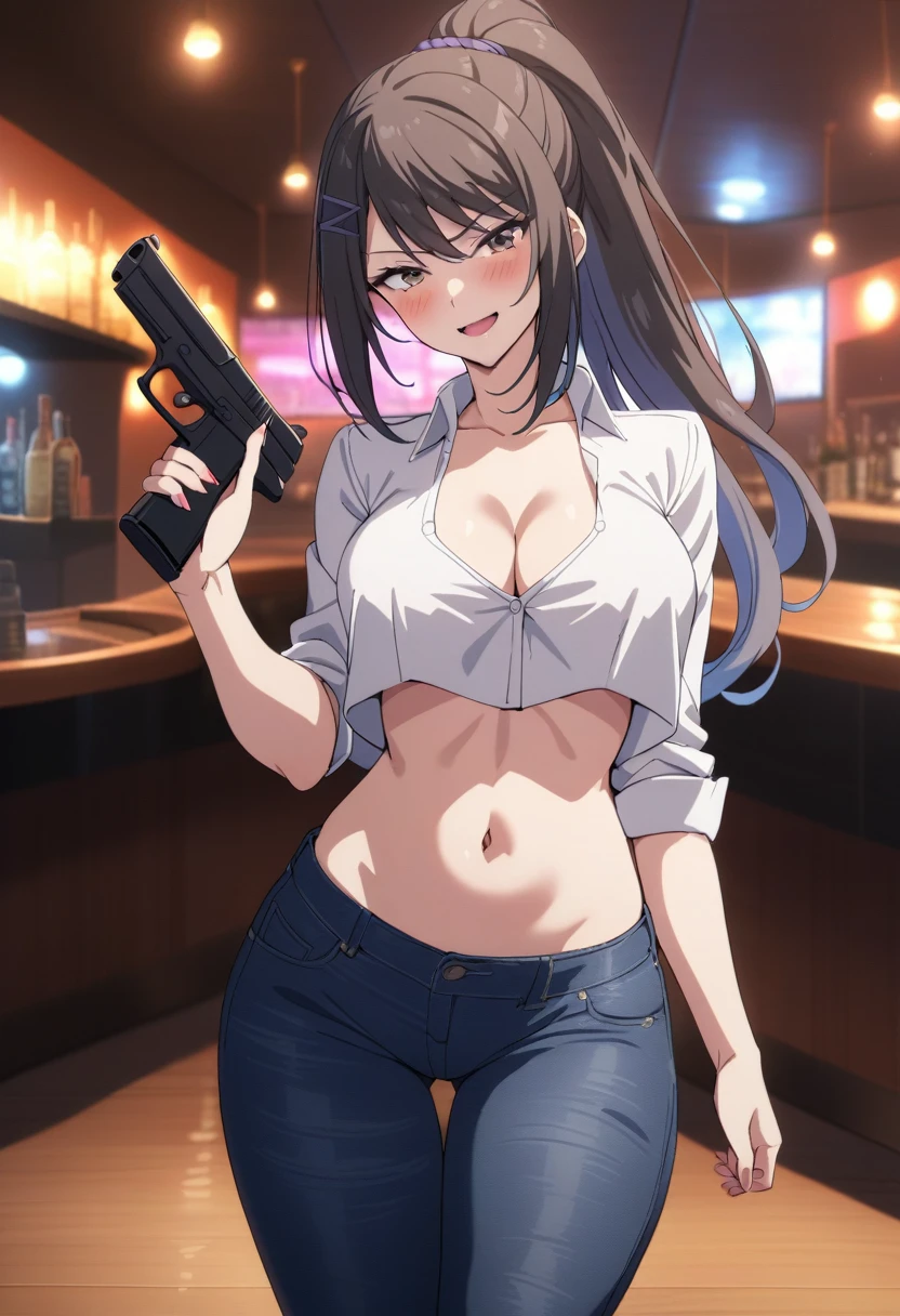 chabashira, 1girl, ponytail, black hair, blush, lipstick, nightclub, bar, indoor, cityscape, building,  city lights, blush, lipstick,  jacket, masterpiece,high quality,4k, bare shoulder,belly,crop top,holding pistol,cleavage,jeans, casual dress,street,road,smile, open mouth, (nsfw) not safe for work, holding a gun,handgun, evil expression,
exposed belly, exposed navel, exposed midriff, exposed lower belly, crop top overhang, underboob,
unbuttoned jeans , low rise black jeans, Low rise jeans, Low rise jeans with open fly, 