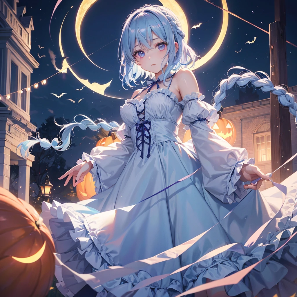 (Light blue medium hair:1.2),(Braided hair:1.2)、Pink eyes、Fair skin、cowboy shot、Halloween、The background is a pumpkin ghost、Crescent Moon、Trick or Treat、A lot of sweets、witch、Halloween night、Candy、many bat、Condescending expression、solo、(masterpiece、Highest quality、Very detailed、Best Shadow)、(Detailed Background)、(Beautifully detailed face)、High contrast、(Best lighting、Very delicate and beautiful)、(Cinematic Light)、colorful、Hyper Detail、Dramatic Light、Exquisite detail、