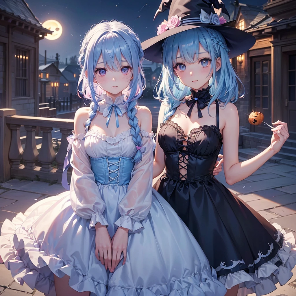 (Light blue medium hair:1.2),(Braided hair:1.2)、Pink eyes、Fair skin、cowboy shot、Halloween、The background is a pumpkin ghost、Crescent Moon、Trick or Treat、A lot of sweets、witch、Halloween night、Candy、many bat、Condescending expression、solo、(masterpiece、Highest quality、Very detailed、Best Shadow)、(Detailed Background)、(Beautifully detailed face)、High contrast、(Best lighting、Very delicate and beautiful)、(Cinematic Light)、colorful、Hyper Detail、Dramatic Light、Exquisite detail、