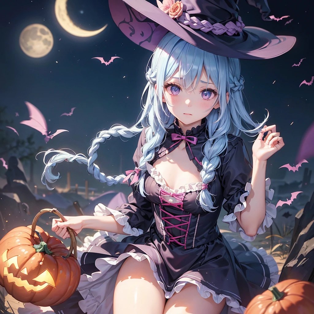 (Light blue medium hair:1.2),(Braided hair:1.2)、Pink eyes、Fair skin、cowboy shot、Halloween、The background is a pumpkin ghost、Crescent Moon、Trick or Treat、A lot of sweets、witch、Halloween night、Candy、many bat、Condescending expression、solo、(masterpiece、Highest quality、Very detailed、Best Shadow)、(Detailed Background)、(Beautifully detailed face)、High contrast、(Best lighting、Very delicate and beautiful)、(Cinematic Light)、colorful、Hyper Detail、Dramatic Light、Exquisite detail、