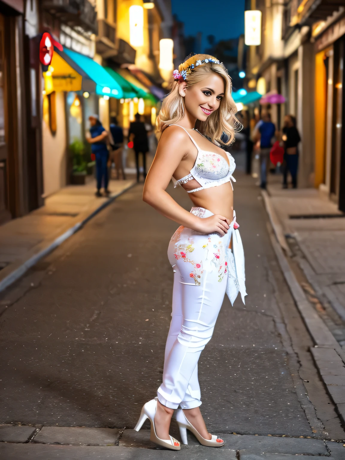 realistic beautiful blonde woman, smiling, sexy , flowers in hair,  in street nightly, white costume, sexy,,full body posed, (best quality,4k,8k,highres,masterpiece:1.2),ultra-detailed,(realistic,photorealistic,photo-realistic:1.37),HRD,UHD,studio lighting,ultra-fine painting,sharp focus,physically-based rendering,extreme detail description,professional,vivid colors,bokeh,portraiture,sexy haircut