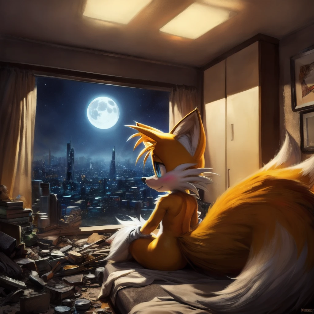 ((solo)), anthro, (female:1.2), fox, (Miles tails prower, tails the fox), blue eyes, detailed background, best quality, twin tails,((kitsune)), (2tails), masterpiece, 4K, blushing, high res eyes, detailed fur, semi-realistic, masterpiece, highres, highly detailed, Post-apoc, postapoc-scenery, ruined_cityscape, cityscape, indoors, night_sky, night, moon, light, indoors, (bedroom, rubble, dark,), by darkgem, by meesh, by bigdad