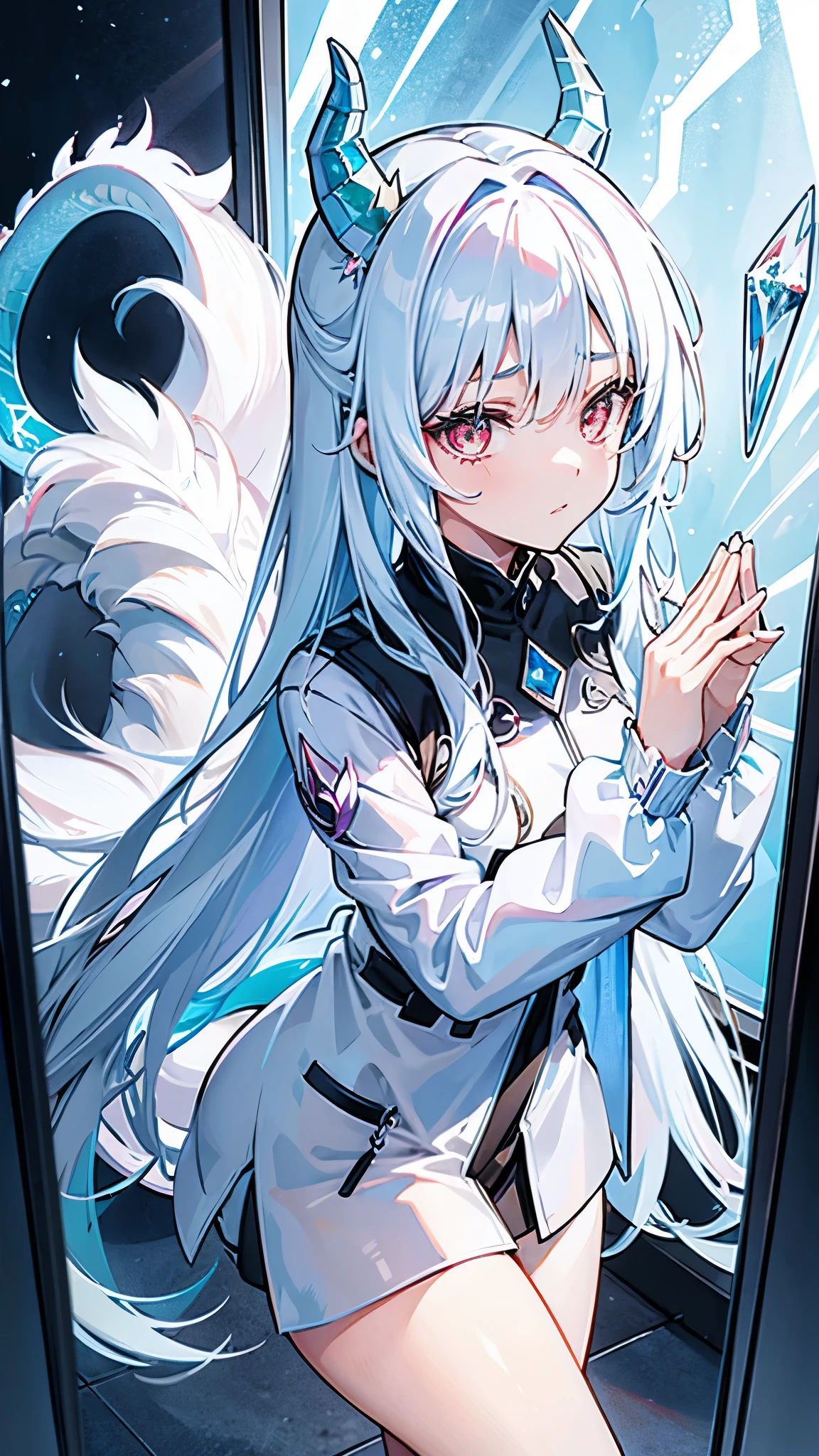 girl，Diamond Dragon Horn，Crystalline hair，Hands made of opal，Mirror-like windbreaker，Milky white dragon tail，madman