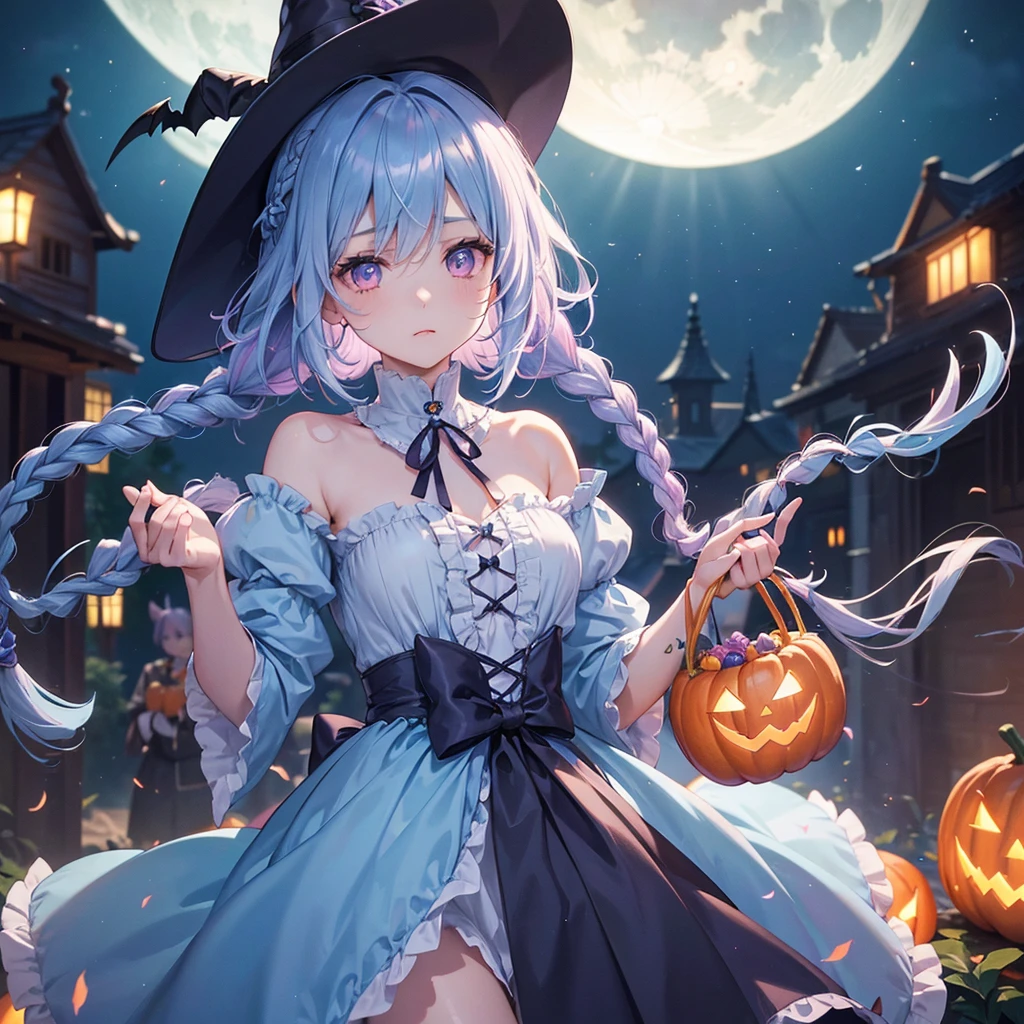 (Light blue medium hair:1.2),(Braided hair:1.2)、Pink eyes、Fair skin、cowboy shot、Halloween、The background is a pumpkin ghost、Crescent Moon、Trick or Treat、A lot of sweets、witch、Halloween night、Candy、many bat、Condescending expression、solo、(masterpiece、Highest quality、Very detailed、Best Shadow)、(Detailed Background)、(Beautifully detailed face)、High contrast、(Best lighting、Very delicate and beautiful)、(Cinematic Light)、colorful、Hyper Detail、Dramatic Light、Exquisite detail、