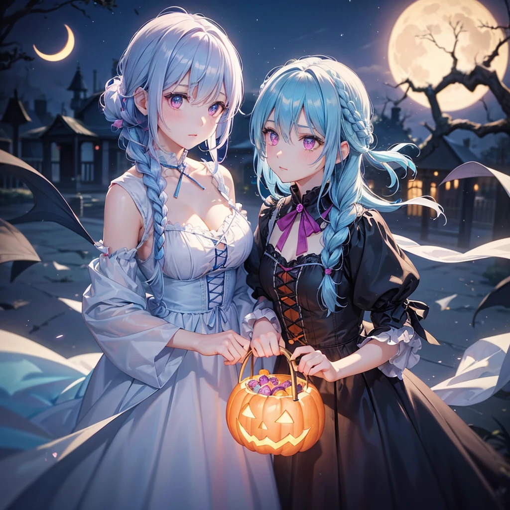 (Light blue medium hair:1.2),(Braided hair:1.2)、Pink eyes、Fair skin、cowboy shot、Halloween、The background is a pumpkin ghost、Crescent Moon、Trick or Treat、A lot of sweets、witch、Halloween night、Candy、many bat、Condescending expression、solo、(masterpiece、Highest quality、Very detailed、Best Shadow)、(Detailed Background)、(Beautifully detailed face)、High contrast、(Best lighting、Very delicate and beautiful)、(Cinematic Light)、colorful、Hyper Detail、Dramatic Light、Exquisite detail、