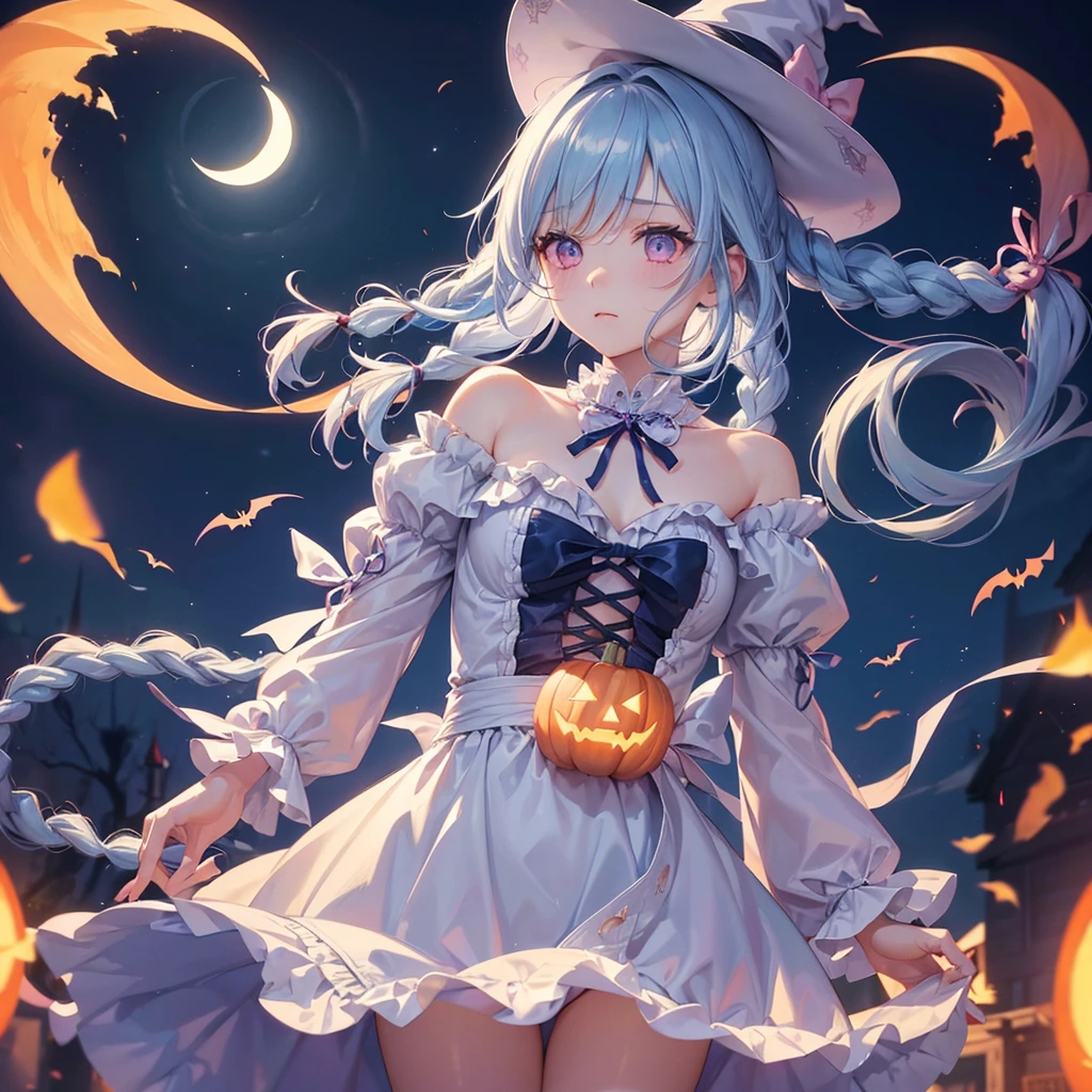 (Light blue medium hair:1.2),(Braided hair:1.2)、Pink eyes、Fair skin、cowboy shot、Halloween、The background is a pumpkin ghost、Crescent Moon、Trick or Treat、A lot of sweets、witch、Halloween night、Candy、many bat、Condescending expression、solo、(masterpiece、Highest quality、Very detailed、Best Shadow)、(Detailed Background)、(Beautifully detailed face)、High contrast、(Best lighting、Very delicate and beautiful)、(Cinematic Light)、colorful、Hyper Detail、Dramatic Light、Exquisite detail、