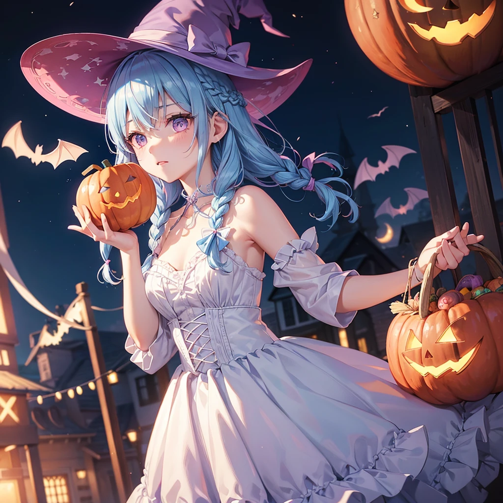 (Light blue medium hair:1.2),(Braided hair:1.2)、Pink eyes、Fair skin、cowboy shot、Halloween、The background is a pumpkin ghost、Crescent Moon、Trick or Treat、A lot of sweets、witch、Halloween night、Candy、many bat、Condescending expression、solo、(masterpiece、Highest quality、Very detailed、Best Shadow)、(Detailed Background)、(Beautifully detailed face)、High contrast、(Best lighting、Very delicate and beautiful)、(Cinematic Light)、colorful、Hyper Detail、Dramatic Light、Exquisite detail、