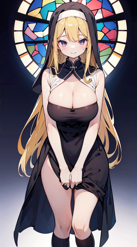 nun，nun服，黑白nun服，Colored hair，nun头巾，Big breasts，Full of figure，Close-up above the waist，Upper body close-up，Church Background，Stained window glass，Mosaic art background，nun，高开叉nun长袍，Robe hem，The front of the robe，The front of the robe hangs down，Knee socks，Knee socks，Knee socks，黑色过膝Silk socks，Silk socks，情趣nun服，High slit robe，Silk socks，Knee socks，Prayer posture，Leg ring，sock，Prayer posture，Robe hem，Long hem，Flesh，Long skirt，Long skirt，Long skirt，Long front robe，Front of robe，Long blond hair，blond，cute，gentle，Smile，慈爱的Smile，Wide crotch，Wide crotch，Thin waist