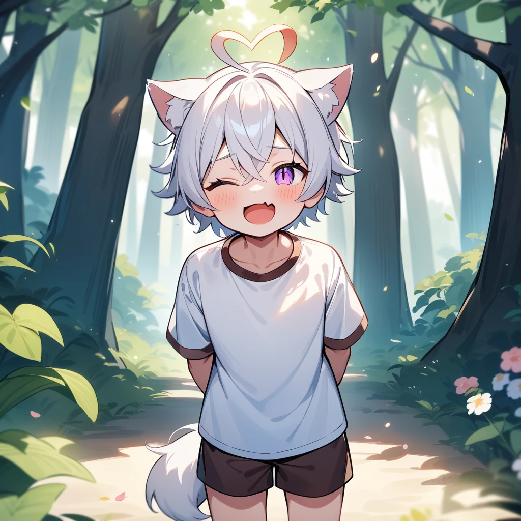 （masterpiece：1.2，high quality），4K，High resolution，A seven-year-old boy，cute boy， white hair，short hair，crossed bangs，purple eyes，slit pupils，one eye closed，heart ahoge，red halo，cat ears，laughing，skin fang，Wearing a white shirt，dark brown shorts，Stand in the forest，There are flowering trees on both sides.，primary school student，thigh，alone，dog tail，((Hands behind your back))