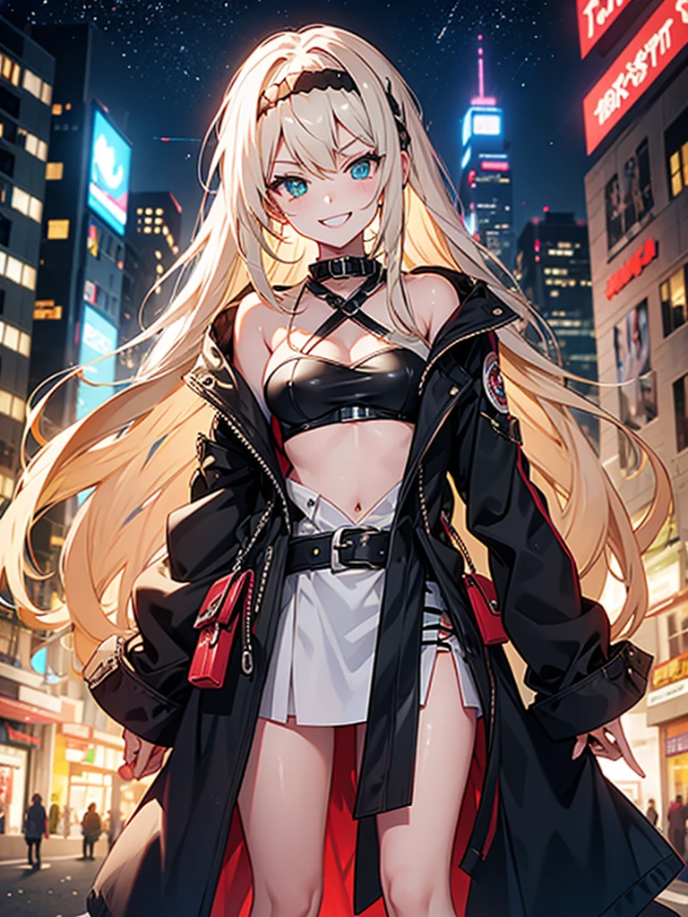 woman、Early 20s、Wicked Smile、Blonde、Long Hair、Green Eyes、Frameless with red lenses、Face close-up、sexy、sexyなポーズ、Black tube top、Bright red long coat、R-18、City of night