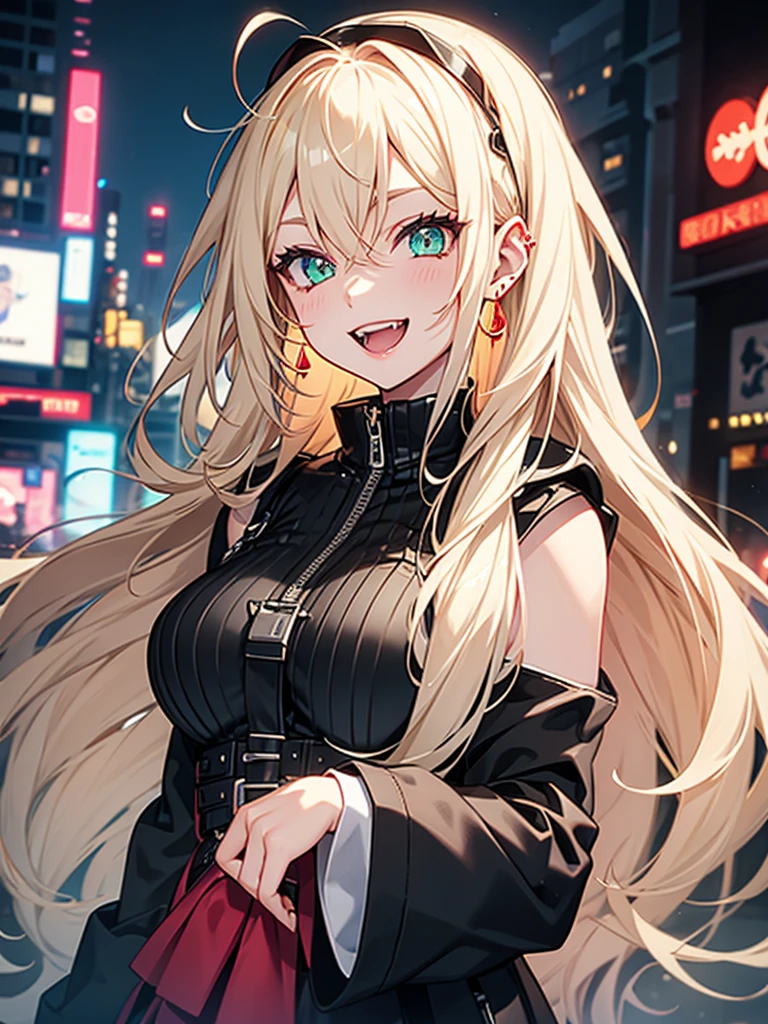 woman、Early 20s、Wicked Smile、Blonde、Long Hair、Green Eyes、Frameless with red lenses、Face close-up、sexy、sexyなポーズ、Black tube top、Bright red long coat、R-18、City of night