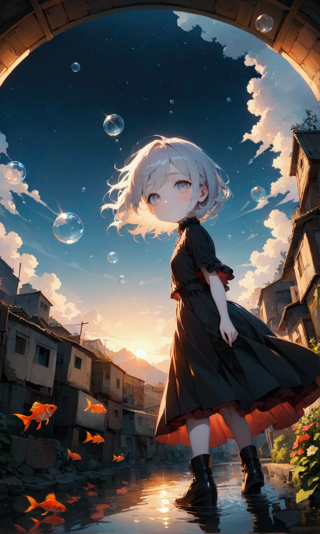 woman\(soldier, Age 25, ＪＫ, Short silver hair floating, Space-colored eyes, Black clothes, Pale skin, Tired face、lack of shine in the eyes\) Looking up at the sky, Many cute little goldfish with shiny red scales are swimming in the air, Transparent bubbles, like those in water, sparkle here and there in the sky., Beautiful sky, Beautiful Clouds, there are puddles at ground and the landscape is reflecting beautifully, Looking up at the wide sky from the cramped back alleys of the slums, Summer flowers are blooming everywhere, I see the wind blowing and shining, There is a noon moon and a noon star in the sky,From below, break ,quality\(8k,非常に精細なCGユニットのwallpaper, masterpiece,High resolution,top-quality,top-quality real texture skin,Surreal,Increase the resolution,RAW Photos,最高quality,Very detailed,wallpaper,Cinema Lighting,Ray-tracing,Golden Ratio\),(Long Shot),landscape,