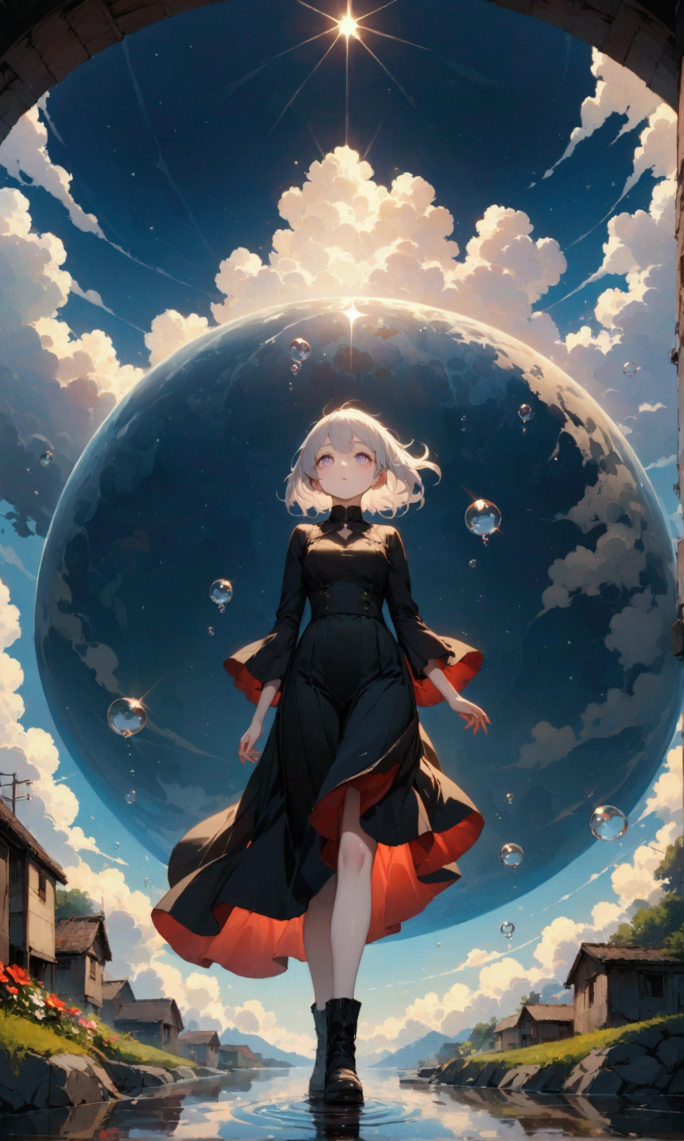woman\(soldier, Age 25, JK, Short silver hair floating, Space-colored eyes, Black clothes, Pale skin, Tired face、lack of shine in the eyes\) Looking up at the sky, Many cute little goldfish with shiny red scales are swimming in the air, Transparent bubbles, like those in water, sparkle here and there in the sky., Beautiful sky, Beautiful Clouds, there are puddles at ground and the landscape is reflecting beautifully, Looking up at the wide sky from the cramped back alleys of the slums, Summer flowers are blooming everywhere, I see the wind blowing and shining, There is a noon moon and a noon star in the sky,From below, break ,quality\(8k,非常に精細なCGユニットのwallpaper, masterpiece,High resolution,top-quality,top-quality real texture skin,Surreal,Increase the resolution,RAW Photos,最高quality,Very detailed,wallpaper,Cinema Lighting,Ray-tracing,Golden Ratio\),(Long Shot),landscape,