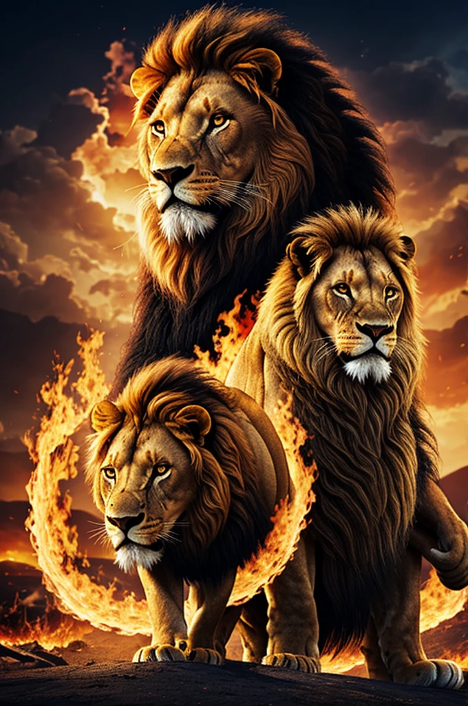A lion with a titan with a fire background