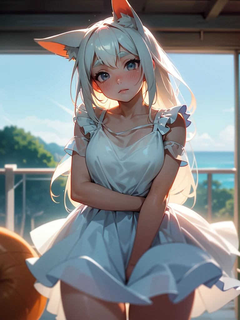 (Sumilux f1.4 24mm , low Latitude old color negative film , cross process , bokeh, flare, chromatic aberration , soft focus, (Shallow focus) , soft glow , Maximum aperture, High Key , Transparent depiction) , dynamic wide angle , kawaii anime , Girl peering in , fox ear , Thick eyebrows , Strong eyes , glossy lips , round face , Summer dress, strong wind , The hem flutters , in the Roof of a house on a hill overlooking the sea , see-through , Body lines are visible , splash lotion