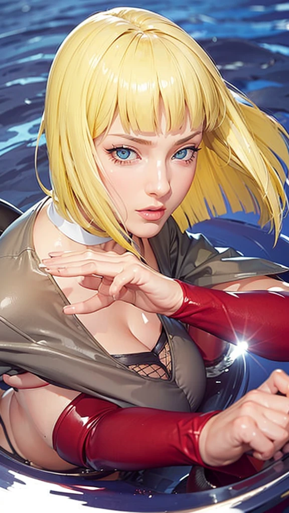 (((Perfect body,White and tender skin,(((BLACK KIMONO, CLEAVAGE, VAMBRACES,))),(((Samui, Blue eyes, blonde hair, short hair, bangs, blunt bangs,))),((masterpiece)),high resolution, ((Best quality at best)),masterpiece,quality,Best quality,((( Exquisite facial features,Looking at the audience,There is light in the eyes,Poker face))),Look up at the sky,From below))),(((Light and shadow,Huge breasts,Plump buttocks))),(((Looking at the camera,black background,)))),