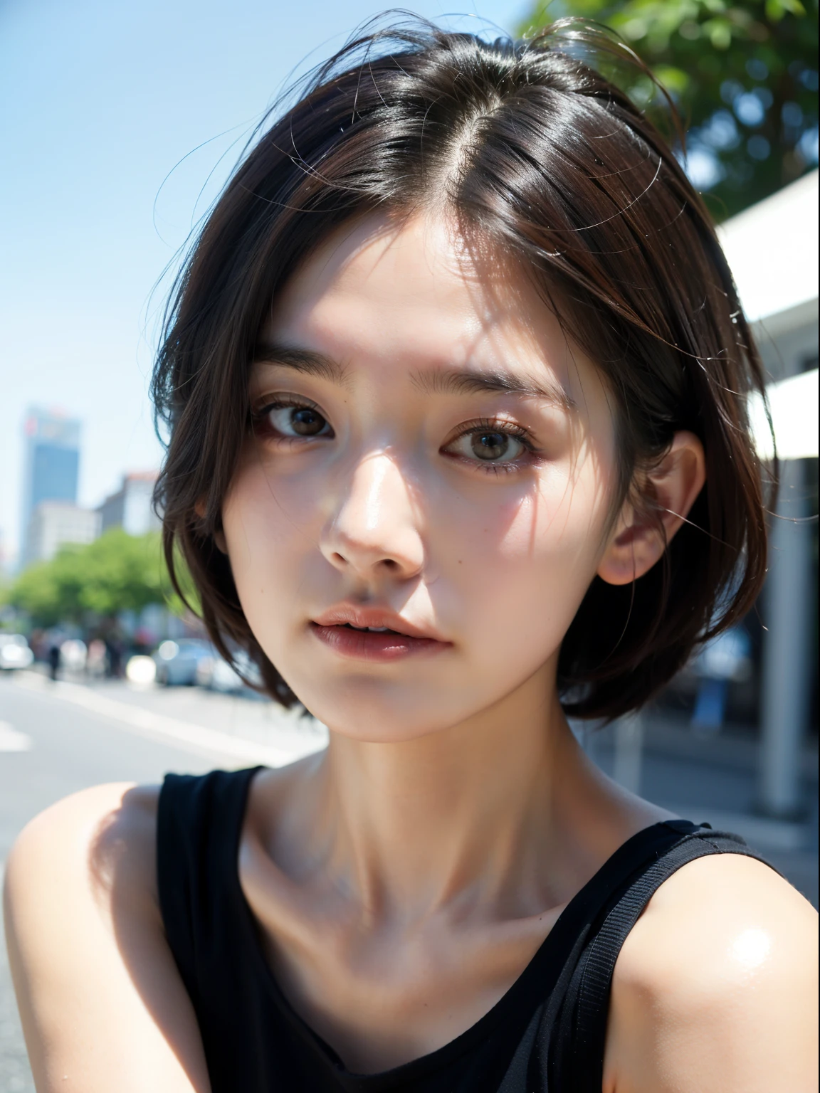 (8k, Top quality, Masterpiece:1.2), (Realistic, photo-realistic:1.37), Super detailed, perfect anatomy, small eyes, cute, 18 years old, a Japanese, girl, short hair, cityscape, without makeup, in summer,
