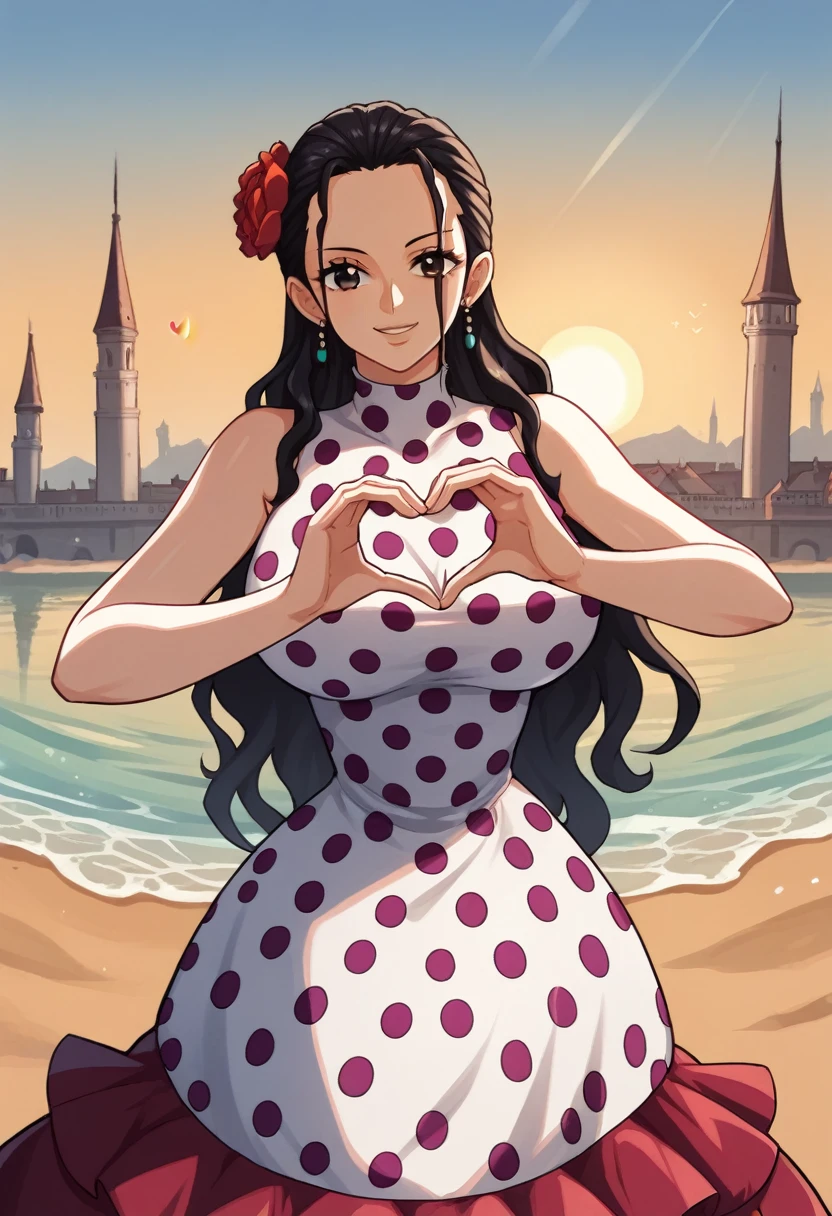 score_9, score_8_up, source_anime  BREAK solo, looking at viewer, cowboy shot,
violaop, brown eyes, black hair, long hair, hair slicked back, earrings, hair flower, polka dot dress, sleeveless dress, frilled dress, jewelry, heart fingers, heart hands, smile, curvy, large breasts, 
city, sand, medieval, sun, sunlight,