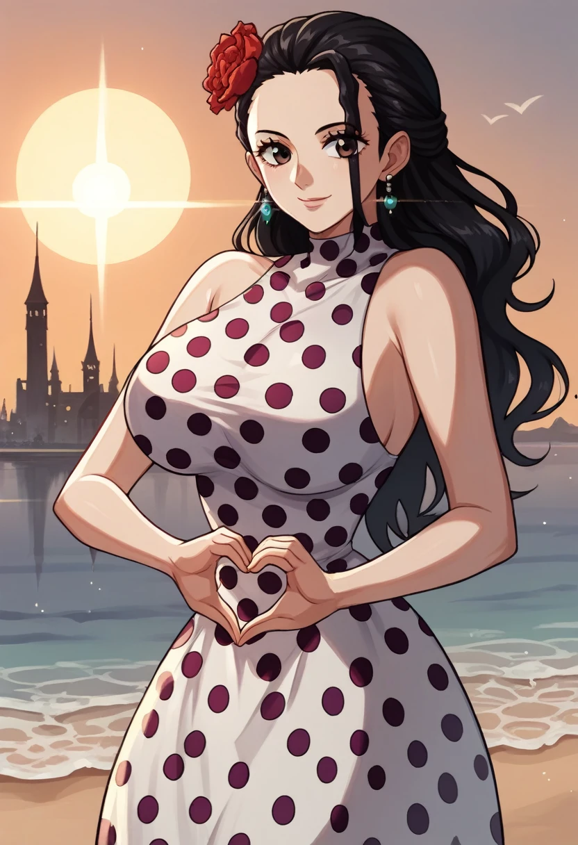 score_9, score_8_up, source_anime  BREAK solo, looking at viewer, cowboy shot,
violaop, brown eyes, black hair, long hair, hair slicked back, earrings, hair flower, polka dot dress, sleeveless dress, frilled dress, jewelry, heart fingers, heart hands, smile, curvy, large breasts, 
city, sand, medieval, sun, sunlight,