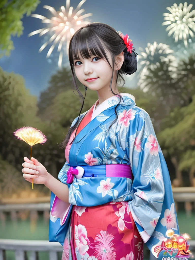 top-quality、masterpiece、超A high resolution、(Photorealsitic:1.4)、Raw photo、Detailed CG image quality、cyberpunked、(Fireworks Festival:1.4)、Beautiful fece、1girl in、japanes、18year old、(blue eyess:1.2)、pink lipsticks、A smile、(Silvery head hair:1.4)、skin tanned、(Hair Ornament:1.4)、(bath robe:1.4), (Short-length yukata:1.4)、cleavage of the breast、(cyberpunked:1.3)、detailed portrait、8K picture quality、bright colour、concept-art、Cinematic and dramatic atmosphere、(Shrine of Japan:1.2)、(Japan red and white lanterns:1.2)、Wind chimes、(Festival flag,)、Paper decoration、(3 + Women: 1.4)、foco nítido、Volumetric lighting、Cinematographic lighting、Colorful neon lighting、depth of fields、Ambient lighting、Blurred foreground、blurry backround:1.3、(8mm fisheye lens:1.4)、(Angle from directly below:1.4)、(The whole body is visible:1.4)、
