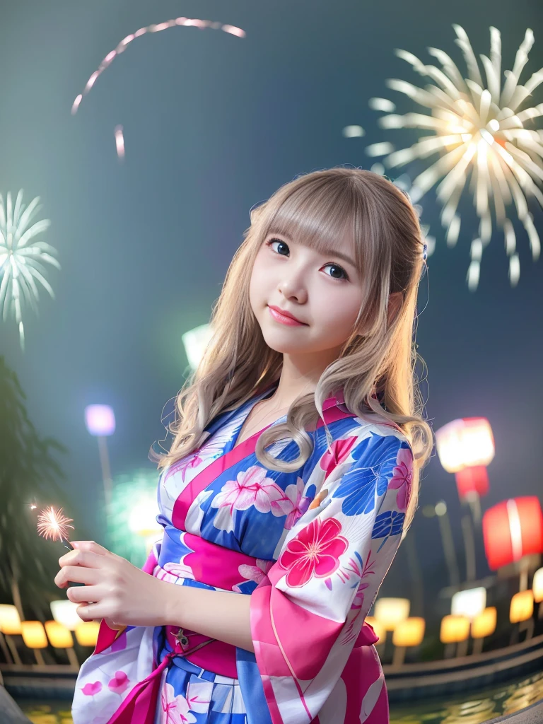 top-quality、​masterpiece、超A high resolution、(Photorealsitic:1.4)、Raw photo、Detailed CG image quality、cyberpunked、(Fireworks Festival:1.4)、Beautiful fece、1girl in、japanes、18year old、(blue eyess:1.2)、pink lipsticks、A smile、(Silvery head hair:1.4)、skin tanned、(Hair Ornament:1.4)、(bath robe:1.4), (Short-length yukata:1.4)、cleavage of the breast、(cyberpunked:1.3)、detailed portrait、8K picture quality、bright colour、concept-art、Cinematic and dramatic atmosphere、(Shrine of Japan:1.2)、(Japan red and white lanterns:1.2)、Wind chimes、(Festival flag,)、Paper decoration、(3 + Women: 1.4)、foco nítido、Volumetric lighting、Cinematographic lighting、Colorful neon lighting、depth of fields、Ambient lighting、Blurred foreground、blurry backround:1.3、(8mm fisheye lens:1.4)、(Angle from directly below:1.4)、(The whole body is visible:1.4)、