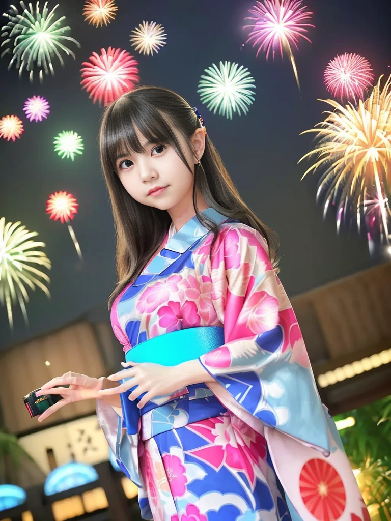 top-quality、masterpiece、超A high resolution、(Photorealsitic:1.4)、Raw photo、Detailed CG image quality、cyberpunked、(Fireworks Festival:1.4)、Beautiful fece、1girl in、japanes、18year old、(blue eyess:1.2)、pink lipsticks、A smile、(Silvery head hair:1.4)、skin tanned、(Hair Ornament:1.4)、(bath robe:1.4), (Short-length yukata:1.4)、cleavage of the breast、(cyberpunked:1.3)、detailed portrait、8K picture quality、bright colour、concept-art、Cinematic and dramatic atmosphere、(Shrine of Japan:1.2)、(Japan red and white lanterns:1.2)、Wind chimes、(Festival flag,)、Paper decoration、(3 + Women: 1.4)、foco nítido、Volumetric lighting、Cinematographic lighting、Colorful neon lighting、depth of fields、Ambient lighting、Blurred foreground、blurry backround:1.3、(8mm fisheye lens:1.4)、(Angle from directly below:1.4)、(The whole body is visible:1.4)、