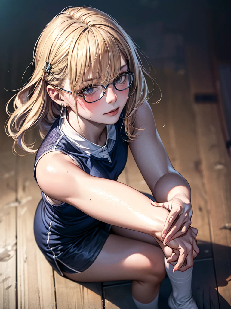 unparalleled masterpiece, ultra realistic 8k CG,masterpiece,pov,(delicate photograph,ultra_detailed,16k,raw photo:1.3),(realistic:1.9,photorealistic:1.9), beautiful detailed eyes,1 sweaty girl sit down to rest,sitting on glasses,solo,(full body:1.3),blonde wavy hair, slender body, precious hair ornament, e-cup chests,Sports vest,mini dress,White socks