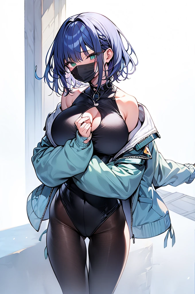 Anime, anime girl, aqua blue hair, purple hair tips, short hair, bangs, green eyes, blushing eyes, half mask, covered mouth, black One Piece, leotard, tights, breasts, big breasts, huge breasts, black panties, beautiful eyes, masterpiece, 4k, high quality, high resolution, hands behind back, long legs, thick thighs, jacket falling off, shoulder, collarbone, cleavage, large breasts, sky background, sky scene, skyline