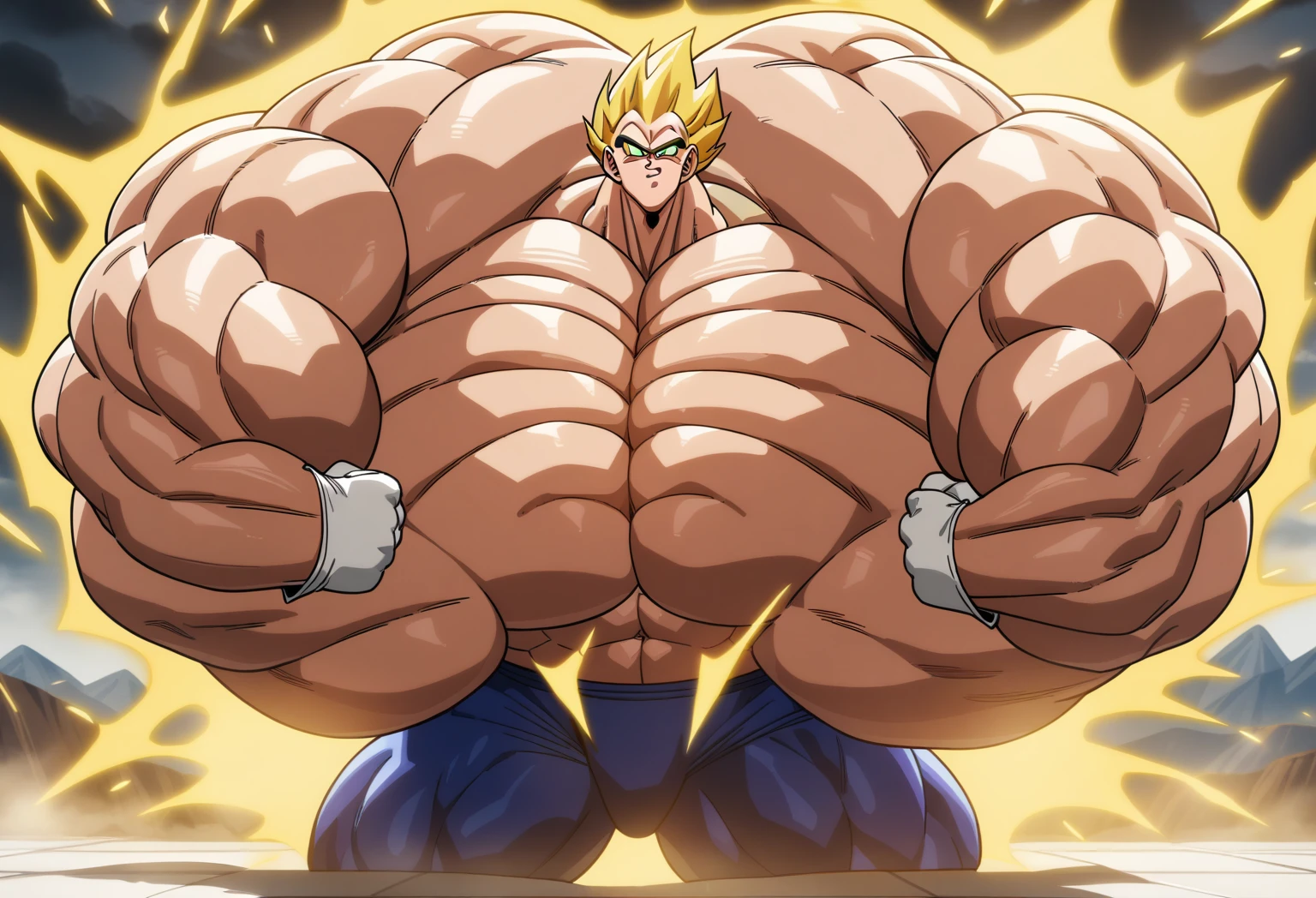 1boy, Vegeta, from Dragon Ball Z, masterpiece, best quality, very aesthetic, absurdres, saiyan, green eyes, spiked hair, (yellow hair:1.5), shirtless, blue skintight pants, white gloves, (huge muscles:2.5), dragonballartstyle, in the style of Akira Toriyama, white tiled floor, outdoors, flat-top mountains, yellow aura, electricity, white gloves, squeezed fists