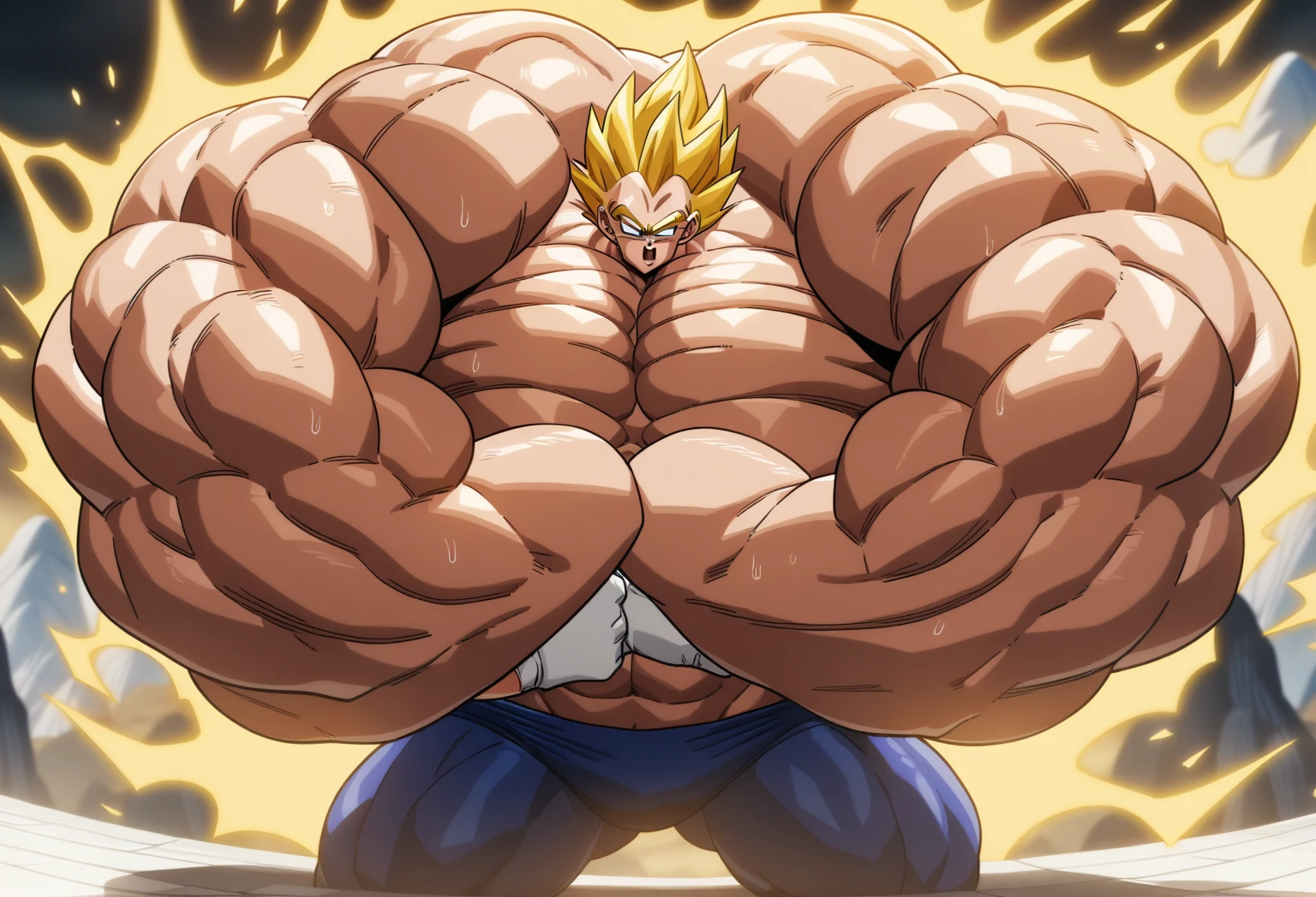 1boy, Vegeta, from Dragon Ball Z, masterpiece, best quality, very aesthetic, absurdres, saiyan, green eyes, spiked hair, (yellow hair:1.5), shirtless, blue skintight pants, white gloves, (huge muscles:2.5), dragonballartstyle, in the style of Akira Toriyama, white tiled floor, outdoors, flat-top mountains, yellow aura, electricity, white gloves, squeezed fists