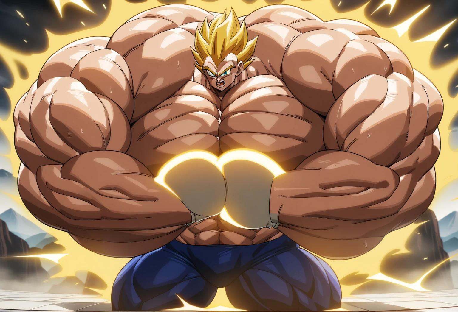 1boy, Vegeta, from Dragon Ball Z, masterpiece, best quality, very aesthetic, absurdres, saiyan, green eyes, spiked hair, (yellow hair:1.5), shirtless, blue skintight pants, white gloves, (huge muscles:3.5), dragonballartstyle, in the style of Akira Toriyama, white tiled floor, outdoors, flat-top mountains, nipples, yellow aura, electricity, (blue skintight pants:2)