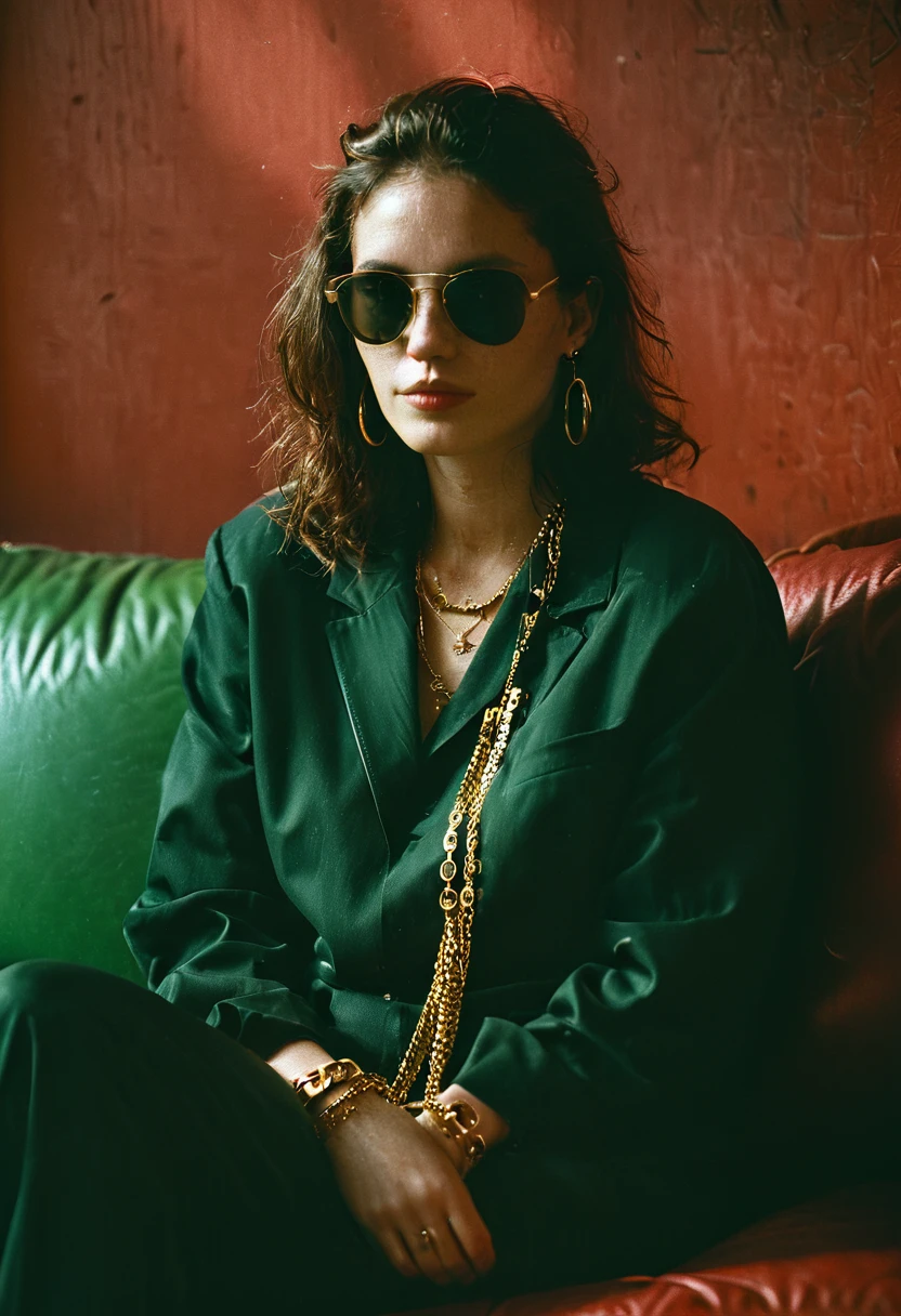 90s woman, gangsta rapper. Boss gangster in sunglasses and gold chain. lounging on a red leather couch. Holding a gun. Rapper style apparel, swept back long hair, oversized clothes, photo depth of field, shadows, grainy, seductive analog lofi (by Oleg Oprisco Laura Makabresku), green wall, dimly lit, potted plant