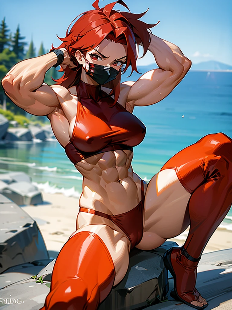 anime muscle mommy with red hair and tanned skin in a red thong bikini, and wearing a black surgical mask, flexing her muscles with her hands behind her head so they are not visible to pridefully showing off her rock hard abs while sitting on on a mountain ledge, highly detailed 