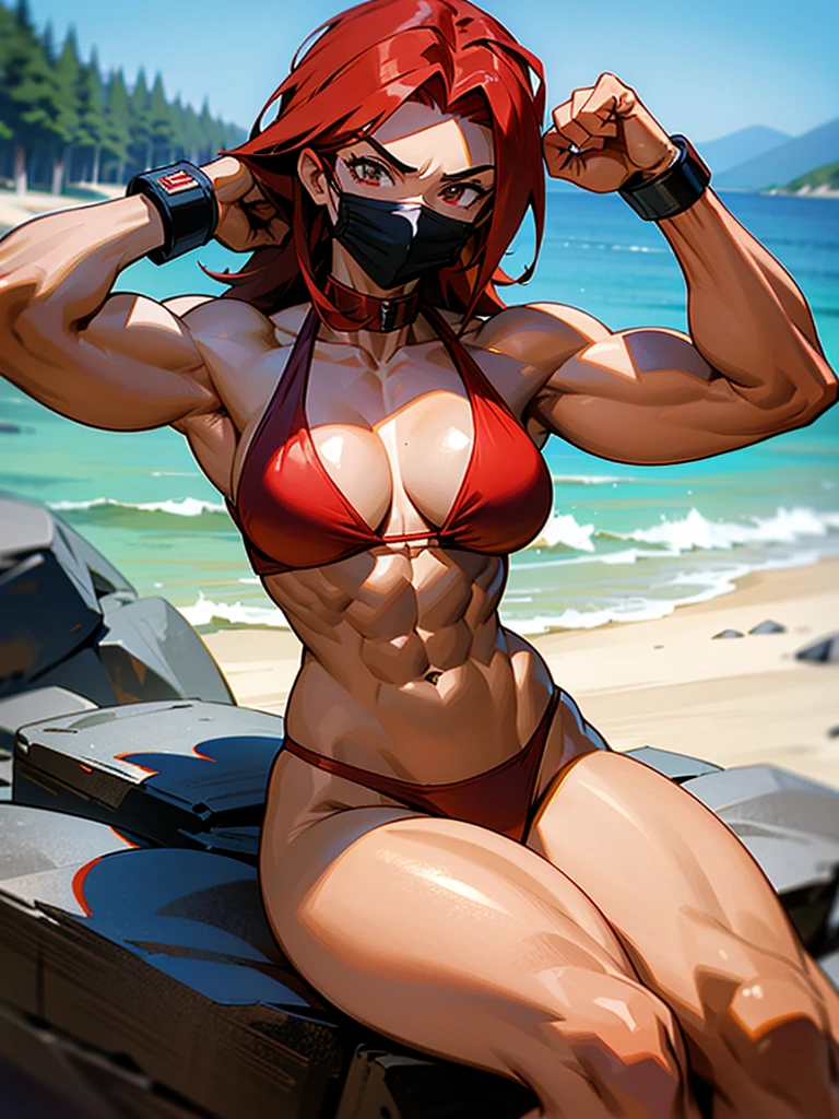 anime muscle mommy with red hair and tanned skin in a red thong bikini, and wearing a black surgical mask, flexing her muscles with her hands behind her head so they are not visible to pridefully showing off her rock hard abs while sitting on on a mountain ledge, highly detailed
