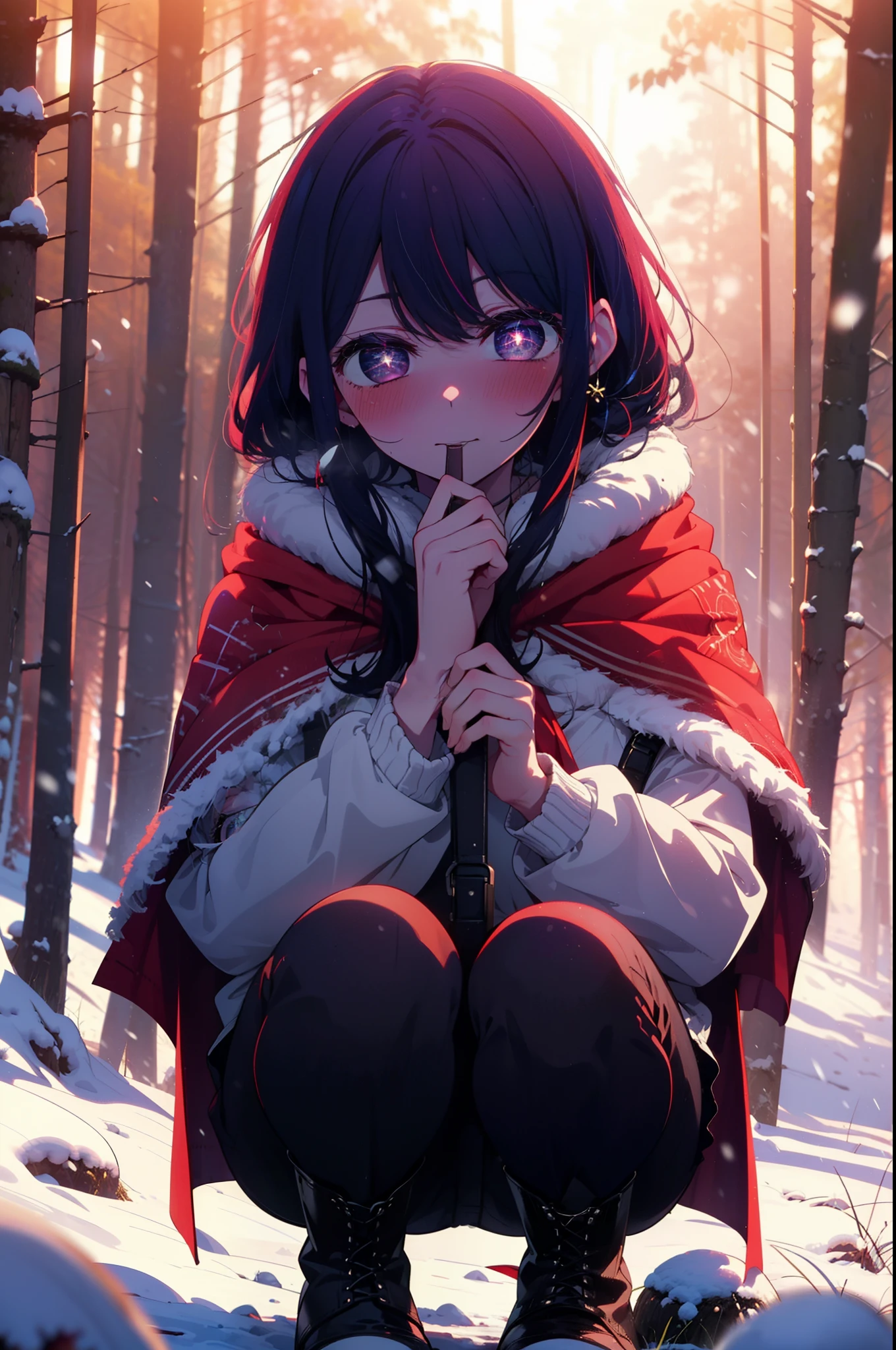 aihoshino, Ai Hoshino, Long Hair, bangs, (Purple eyes:1.1), Purple Hair, (Symbol-shaped pupil:1.5), smile,,smile,blush,white breath,
Open your mouth,snow,Ground bonfire, Outdoor, boots, snowing, From the side, wood, suitcase, Cape, Blurred, , forest, White handbag, nature, Squat, Mouth closed, Cape, winter, Written boundary depth, Black shoes, red Cape break looking at viewer, Upper Body, whole body, break Outdoor, forest, nature, break (masterpiece:1.2), Highest quality, High resolution, unity 8k wallpaper, (shape:0.8), (Beautiful and beautiful eyes:1.6), Highly detailed face, Perfect lighting, Extremely detailed CG, (Perfect hands, Perfect Anatomy),