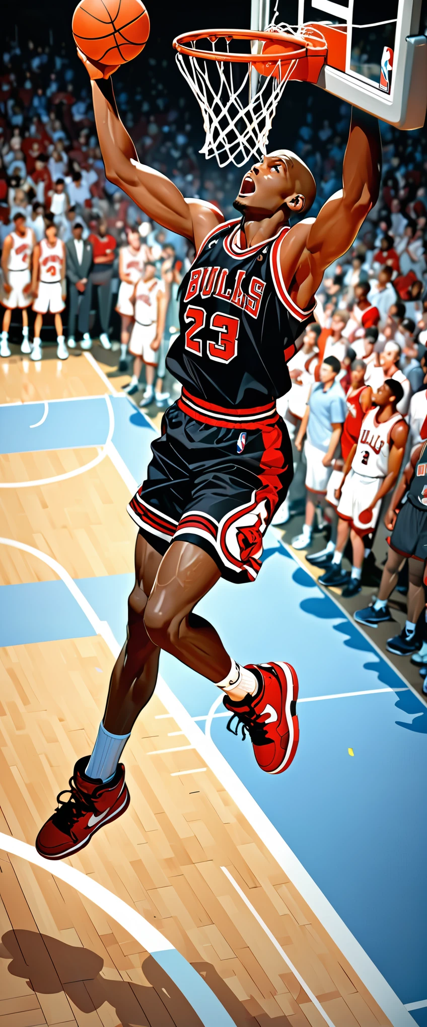 (masterpiece:1.2,Highest quality,Highest quality,High resolution),(Super detailed),(Anime Style),8k,wallpaper,One Man,Black,Basketball Player,Michael Jordan,Detailed face,Sticking out tongue,Chicago Bulls Uniforms,((front)),((Directly above)),((Lean your body back)),(((Jump very high towards the goal:1.6))),((Look up at the ball)),((Slam Dunk:1.6)),(((Dynamic Angles),Basketball Court,(((Background Blur))),(((Cowboy Shot)))
