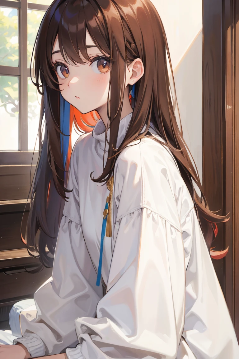 best quality, masterpiece,colorful hair, brown eyes,white clothes, search,brown hair,White skin