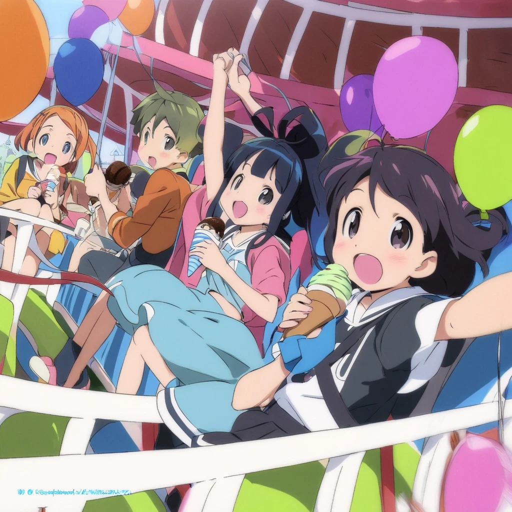 friends having fun in an amusement park, アニメ, boys and girls, ice cream, balloons, color Art