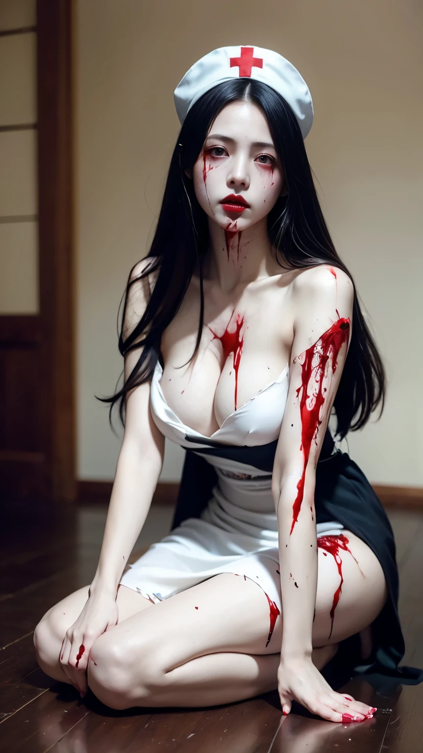 Realistic Japanese Horror movie taste picture, ((masterpiece)), (best quality), (absurdness quality), high resolution, (photorealistic:1.4), black hair, hyper realistic photo Sadako, (((torn, sexy white dress))), ((grey skin)), long hair over eyes, eyes covered face, fully hidden face by long hair, spooky woman, many blood spots on the face and breast, messy abandoned house, dark atmosphere, full body shot, entire room view, (crawling on hands and knees on the floor), slender body, add nurse hat, detailed breast. (Facing the viewer)