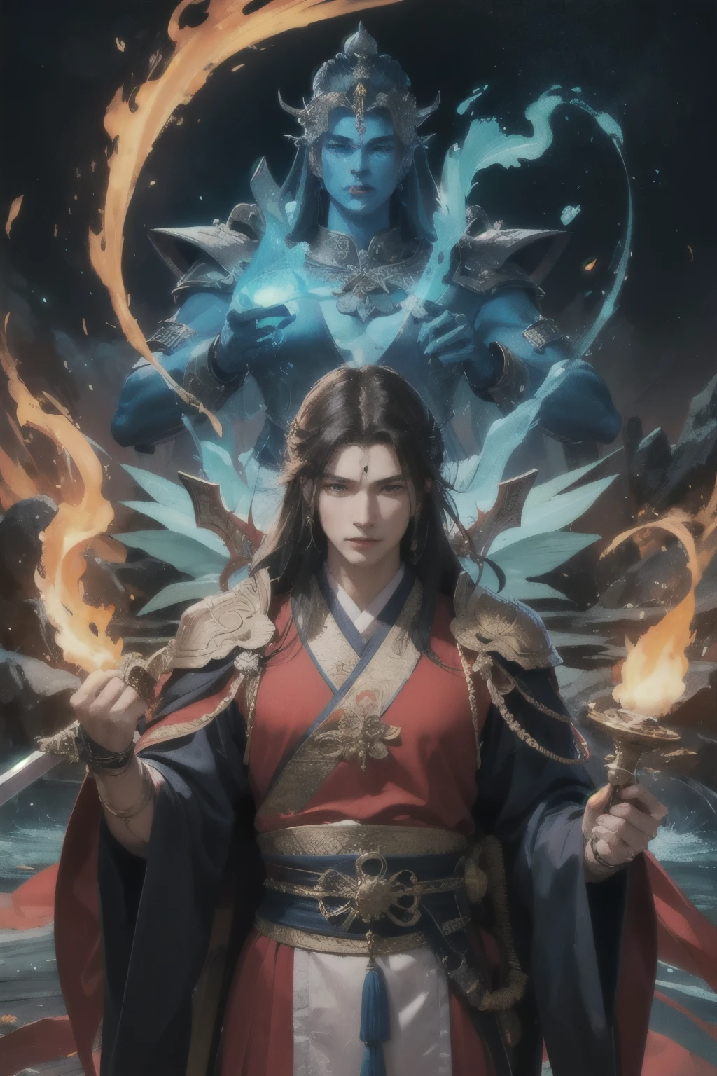 Acala,Painting of a man holding a sword in front of a fire, Ashura in Chinese mythology, , Shiva, God of Destruction, waterfall,High resolution, High resolution, 8k, Masterpiece 2:1,flame,Sword,Lasso Statue of a blue man holding a sword, Japanese God, They are, Ashura in Chinese mythology, Tanka, Evil God, , The Exhausted God, Attractive male god, God Emperor of Mankind, Intimidating and commanding appearance,