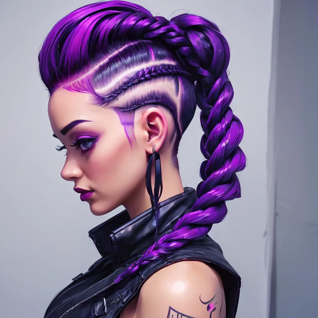 neonpunk style, cyberpunk, vaporwave, neon, vibes, vibrant, stunningly beautiful, crisp, detailed, sleek, ultramodern, magenta highlights, dark purple shadows, high contrast, cinematic, ultra detailed, intricate, professional, corn rows and undercut purple hair pulled back into a ponytail