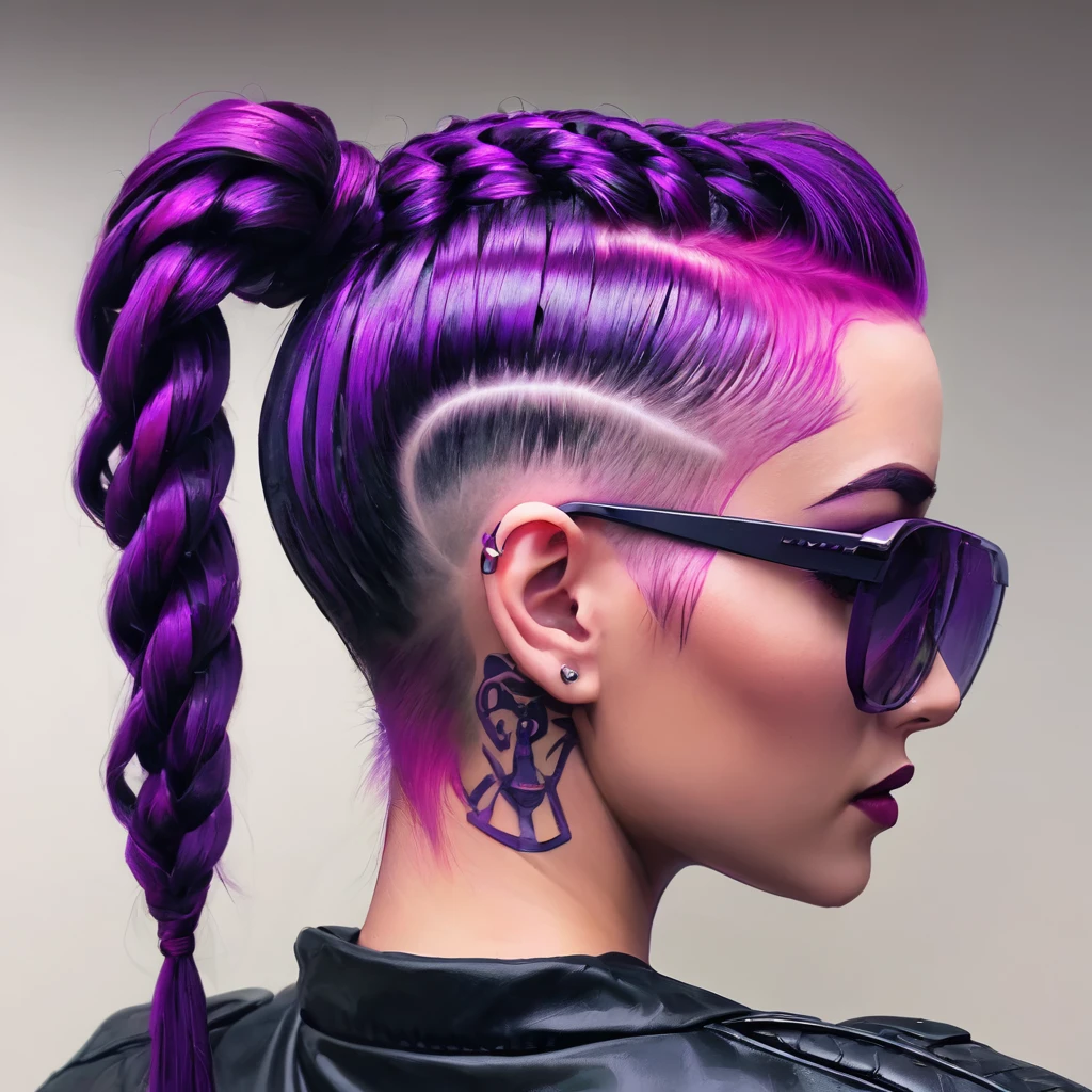 neonpunk style, cyberpunk, vaporwave, neon, vibes, vibrant, stunningly beautiful, crisp, detailed, sleek, ultramodern, magenta highlights, dark purple shadows, high contrast, cinematic, ultra detailed, intricate, professional, corn rows and undercut purple hair pulled back into a ponytail